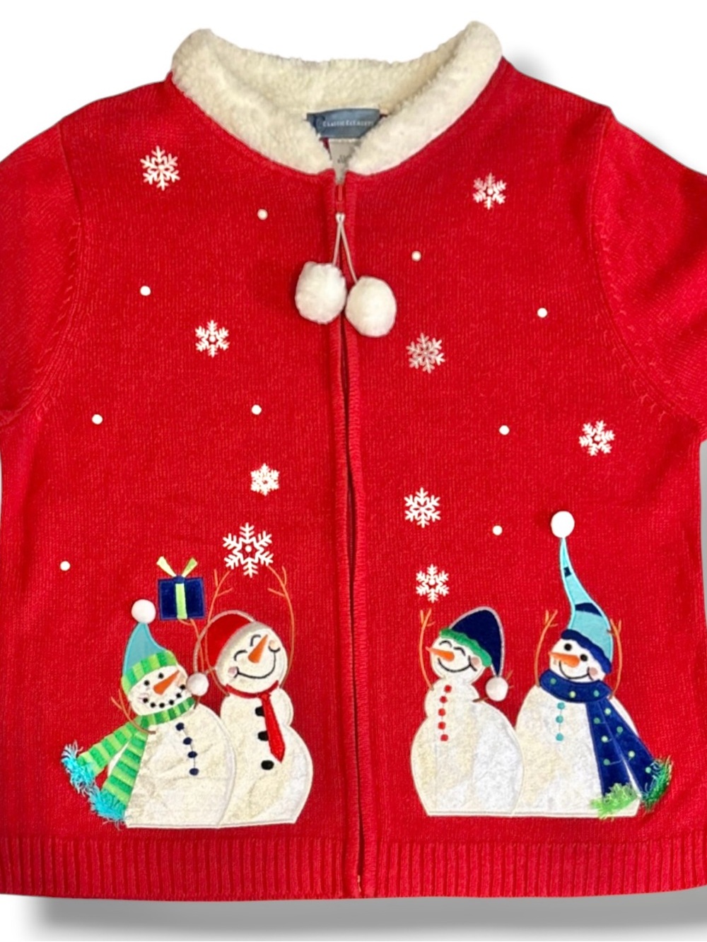 Ugly Christmas Sweater Classic Elements Red Zip Cardigan Snowmen Women’s Sz L - Picture 5 of 10